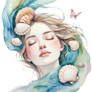 15 aquarel oceaan vrouw clipart - schelp en golven digitale kunst - serene nautische godin png's, op zeemeermin geïnspireerd decor crafting, afdrukbare