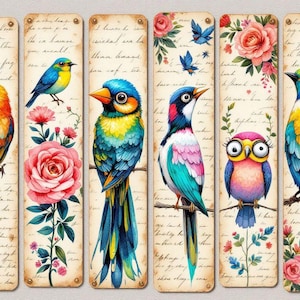 Vintage Birds Printable Bookmarks: Whimsical Floral Designs (PNG/JPG)