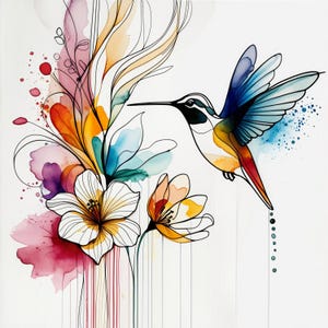 Clipart fleurs colibri, 14 Lineart aquarelle animaux abstrait JPG, art floral, fabrication de cartes, imprimable, téléchargement numérique, usage Commercial