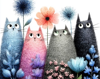 20 roliga kattclipart, akvarell vårkatter, nyckfulla färgglada kattungar, digital nedladdning