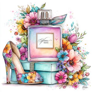 May include: Watercolor illustration of a perfume bottle, high-heeled shoe, and flowers. The perfume bottle is square with a silver cap and the text "Spuna ORAGNU". The shoe and flowers are decorated with colorful floral patterns. The background is white.
