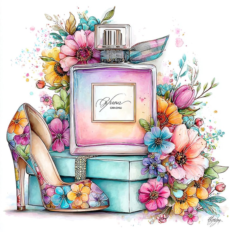 May include: Watercolor illustration of a perfume bottle, high-heeled shoe, and flowers. The perfume bottle is square with a silver cap and the text "Spuna ORAGNU". The shoe and flowers are decorated with colorful floral patterns. The background is white.