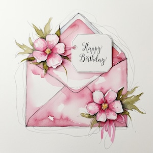 Clipart de Feliz Aniversário, 10 envelopes de flores em aquarela jpgs, Arte Floral de Primavera, Imagens de Aniversário, Download Digital para Impressão, Uso Comercial