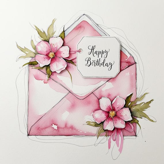 Watercolor Flower Envelope Clipart: Happy Birthday Graphics (Digital Download)