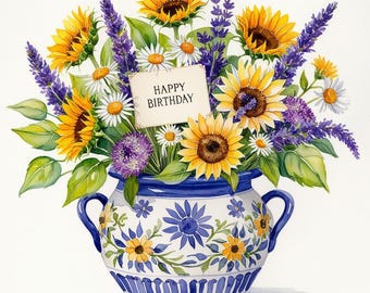 May include: Watercolour painting of a floral arrangement in a blue and white vase. The bouquet includes sunflowers, lavender, daisies, and purple allium. A small card with the words "HAPPY BIRTHDAY" is placed in the center of the flowers.