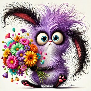 10 divertidas y extravagantes ilustraciones de conejos peludos con ramo de flores: impresión artística de dibujos animados extravagantes para la decoración de la habitación de los niños