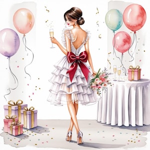 Geburtstag Mädchen Clipart, 17 Aquarell Dame im weißen Kleid JPGs, Party Kunst, digitaler Download für Junk Journals, Scrapbooking, Print Crafting