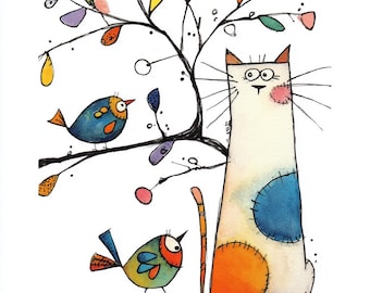 25 Watercolor Quirky Cat & Bird Clipart (JPG) : Colorful Whimsical Art for Digital Crafts Gifts