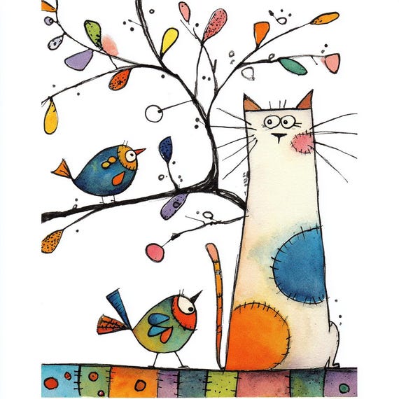 25 Watercolor Quirky Cat & Bird Clipart (JPG) : Colorful Whimsical Art for Digital Crafts Gifts