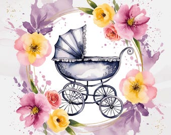 Vintage Baby Carriage Watercolor Clipart: Stroller Illustrations (Digital Download)