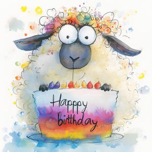 Imágenes prediseñadas de ovejas peculiares de feliz cumpleaños, 10 imágenes descargables instantáneas, descarga digital, impresión reutilizable en casa, celebración colorida, tarjeta digital