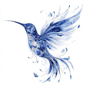 May include: Watercolor illustration of a hummingbird in flight. The bird is primarily blue with intricate floral and swirling patterns. Touches of gold accent the design. The background is white, highlighting the bird's detailed features.