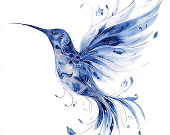水彩画ハチドリのクリップアート12点：花柄鳥PNG、ボヘミアン風ウォールアート（デジタルダウンロード）