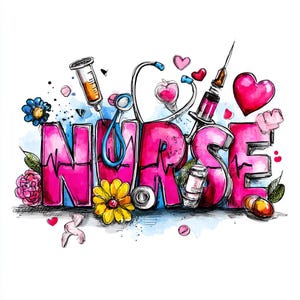 May include: A vibrant illustration featuring the word "NURSE" in large, pink, 3D letters. Medical equipment such as a stethoscope, syringe, and medicine bottles are depicted. Flowers and hearts are included as decorative elements.
