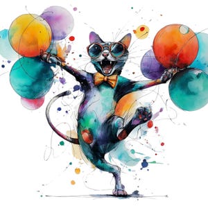 Pode incluir: Ilustração em aquarela de um gato usando óculos de sol e gravata borboleta, segurando balões coloridos. O gato é retratado em uma pose brincalhona com a boca aberta, cercado por respingos de tinta. A obra de arte tem um estilo lúdico e vibrante.