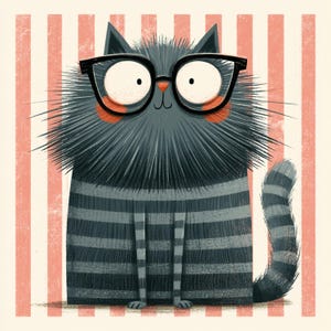 May include: A cartoon illustration of a grey cat wearing black-rimmed glasses. The cat has a striped body and tail, set against a backdrop of pink and white vertical stripes.