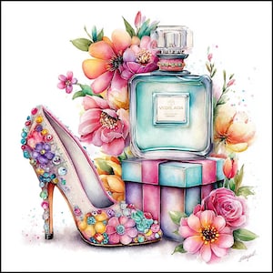 May include: Watercolor illustration of a high-heeled shoe adorned with colorful floral and jewel embellishments, a square perfume bottle, and a gift box. The image is surrounded by pink, orange, and yellow flowers.
