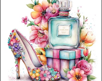 12 Watercolor Floral Perfume Clipart (PNG) : Elegant Flower Bottle Art for Printable Crafts