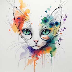 May include: A watercolour illustration of a white cat's face, featuring vivid colours. The cat has bright green eyes and fine black line art. Splashes of orange, blue, purple, and green watercolour paint add a whimsical touch to the design.