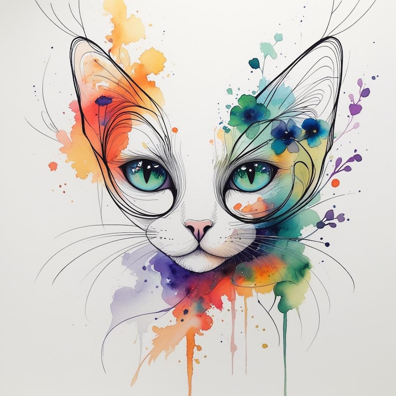 May include: A watercolour illustration of a white cat's face, featuring vivid colours. The cat has bright green eyes and fine black line art. Splashes of orange, blue, purple, and green watercolour paint add a whimsical touch to the design.