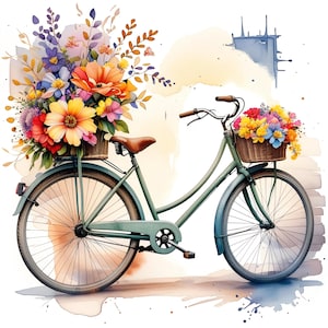 10 art mural vélo aquarelle, impression florale de vélo vintage, déco cyclisme artistique, illustration de fleurs colorées, affiche de décoration rustique