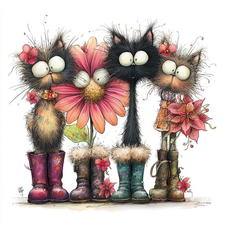 May include: A colourful illustration featuring four cartoon cats with oversized eyes, each wearing boots and standing in front of a large flower. The cats are different colours, and the boots are in shades of purple, brown, and teal. The background is white.