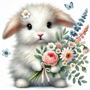 Clipart pelucheux lapin et fleurs, 10 lapins mignons, lapin avec fleur, aquarelle imprimable, fichiers JPG de haute qualité, PaperCraft, journal indésirable