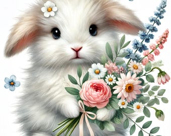 Watercolor Bunny Clipart: Rabbit with Flowers (Digital Download)