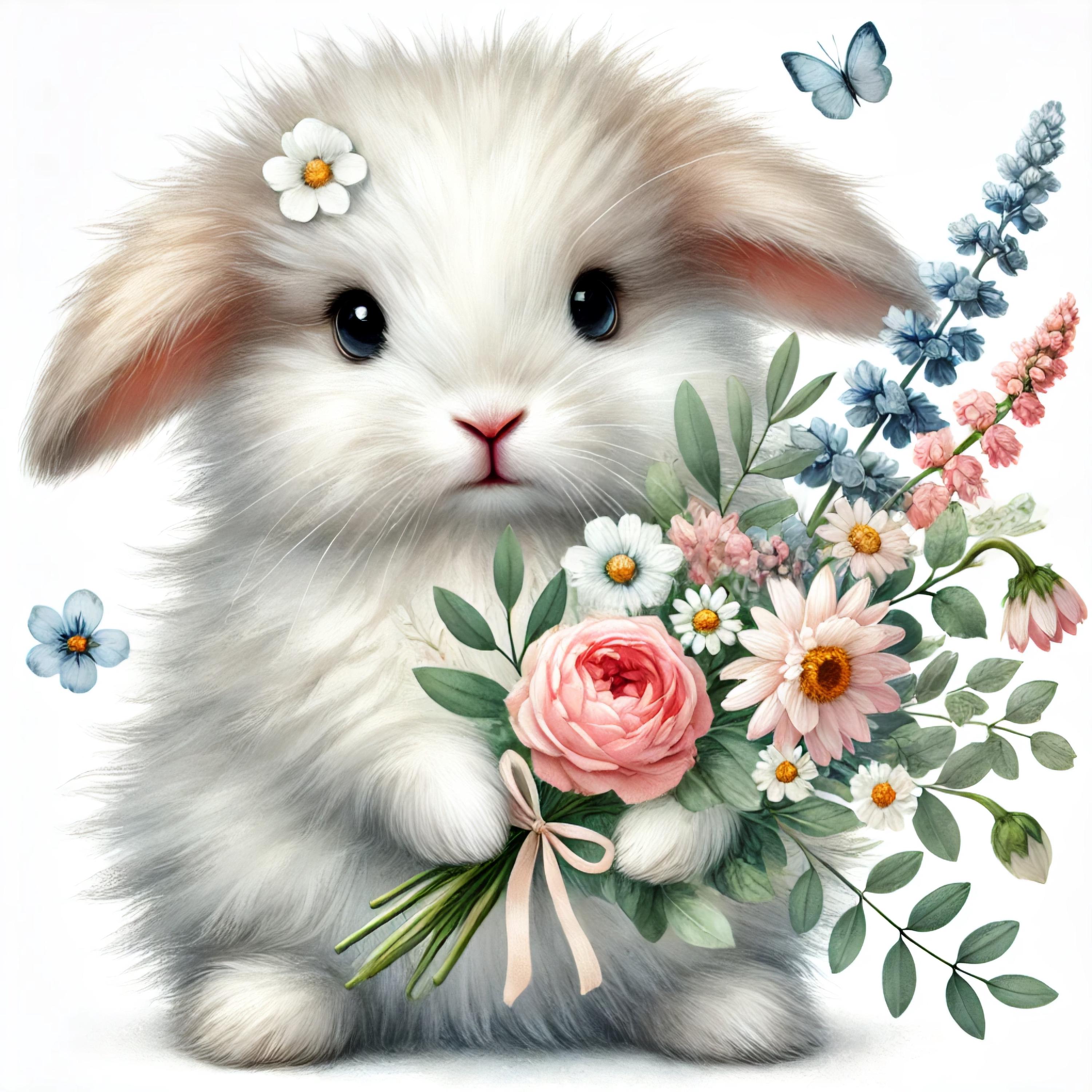 Watercolor Bunny Clipart: Rabbit With Flowers (digital Download) - Etsy