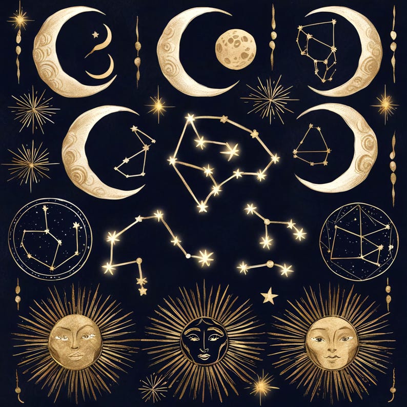 以下が含まれることがあります： 濃い青色の背景に金色の天体イラスト。イラストには、月、星、星座、顔のある太陽が含まれています。