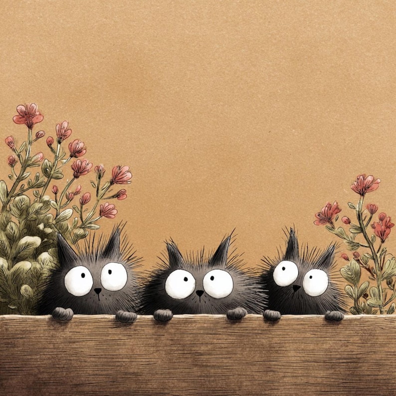 K&ouml;nnte beinhalten: Illustration von drei cartoonartigen schwarzen Katzen mit gro&szlig;en wei&szlig;en Augen, die &uuml;ber einen Holzzaun blicken. Rosa Blumen und gr&uuml;nes Laub umrahmen die Katzen vor einem beigen Hintergrund.