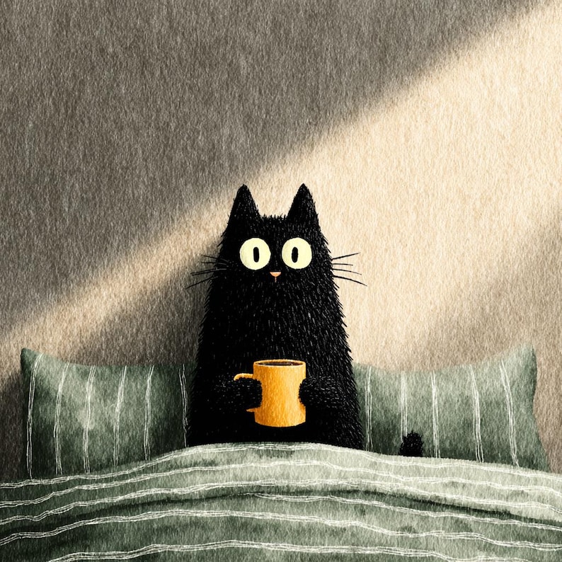 12 Mysig svart katt, akvarell clipart digital nedladdning bild 7