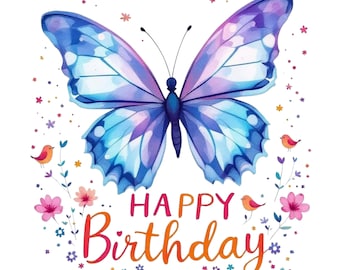 Happy Birthday Flowers Birds Clipart, Colorful Celebration (Digital Download)
