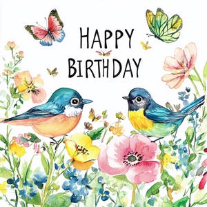 Alles Gute zum Geburtstag Blumen Vögel Schmetterling 7 Sofortiger Download, digitaler Download, wiederverwendbarer Druck zu Hause Bunte Feier Natur Printable
