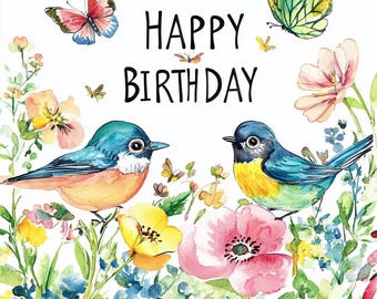 Happy Floral Birthday Clipart Bundle - Butyerflys , Birds ,  Printable Card & Banner Art