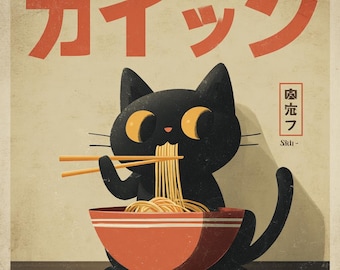 10 Retro Japanese Black Cat Print: Kawaii Ramen Wall Art