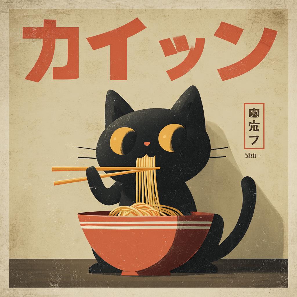 レトロな日本の黒猫プリント10選：かわいいラーメンのウォールアート