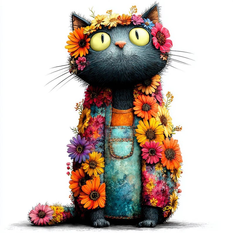 Pode incluir: Uma ilustra&ccedil;&atilde;o extravagante de um gato preto adornado com uma vibrante coroa de flores e uma jaqueta coberta de flores coloridas. O gato usa macac&atilde;o azul com al&ccedil;as laranja, criando um design alegre e art&iacute;stico.