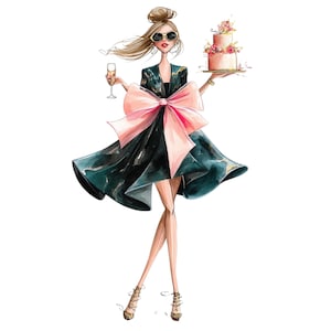 May include: Watercolor illustration of a woman in a black dress with a large pink bow, holding a champagne glass and a two-tiered cake. She wears sunglasses and gold jewelry, with her hair styled in a bun. The image has a fashion illustration style.