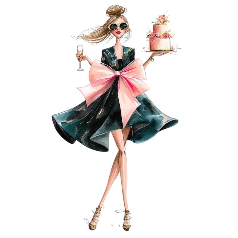 May include: Watercolor illustration of a woman in a black dress with a large pink bow, holding a champagne glass and a two-tiered cake. She wears sunglasses and gold jewelry, with her hair styled in a bun. The image has a fashion illustration style.