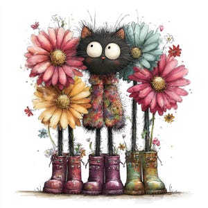 May include: A charming illustration of a black cat with big eyes, wearing a floral coat, surrounded by colourful flowers. The cat's legs are the stems of the flowers, and its feet are in red, purple, and green wellington boots. The flowers are pink, yellow, and blue.
