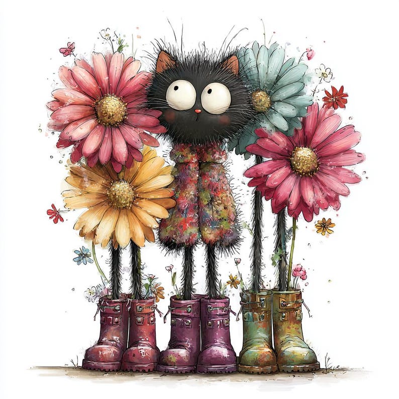 May include: A charming illustration of a black cat with big eyes, wearing a floral coat, surrounded by colourful flowers. The cat's legs are the stems of the flowers, and its feet are in red, purple, and green wellington boots. The flowers are pink, yellow, and blue.