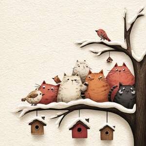 K&ouml;nnte beinhalten: Eine skurrile Illustration eines Astes mit Schnee, auf dem sich mehrere Katzen und V&ouml;gel befinden. Die Katzen sind in verschiedenen Farben gehalten, darunter Rot, Orange, Grau und Schwarz. Kleine Vogelh&auml;user h&auml;ngen am Ast. Ein roter Vogel sitzt auf dem Ast.