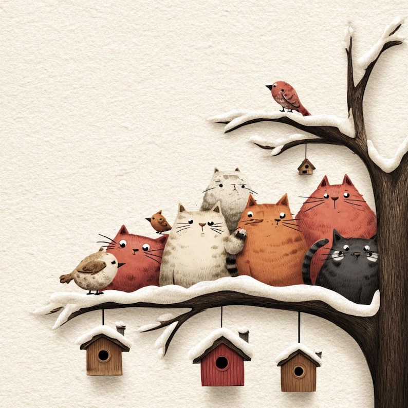 K&ouml;nnte beinhalten: Eine skurrile Illustration eines Astes mit Schnee, auf dem sich mehrere Katzen und V&ouml;gel befinden. Die Katzen sind in verschiedenen Farben gehalten, darunter Rot, Orange, Grau und Schwarz. Kleine Vogelh&auml;user h&auml;ngen am Ast. Ein roter Vogel sitzt auf dem Ast.