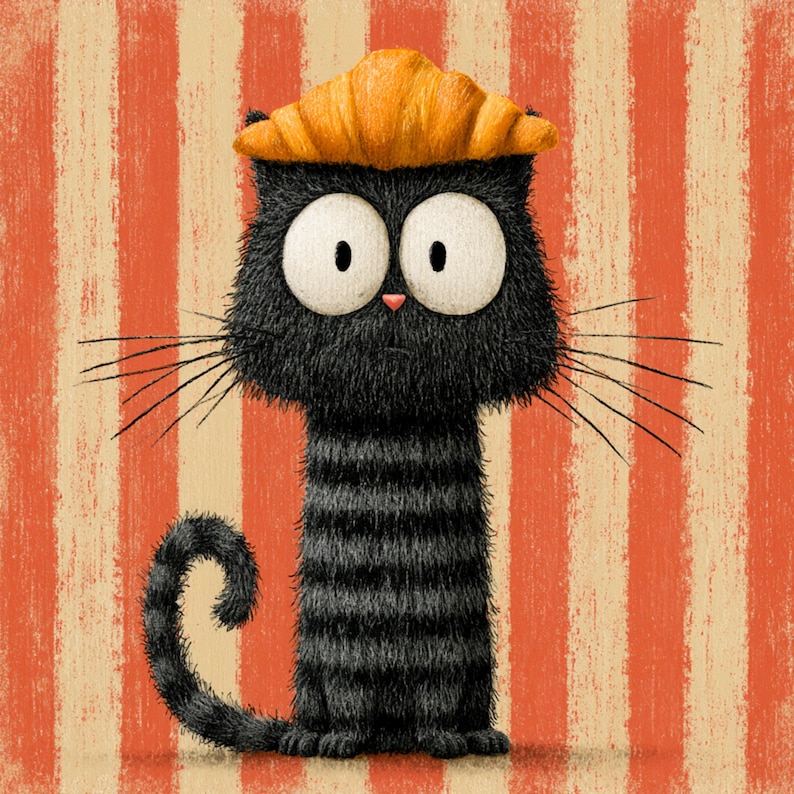 May include: A cartoon illustration of a black cat with a croissant on its head. The cat has large eyes and long whiskers. The background is striped with red and cream vertical lines.