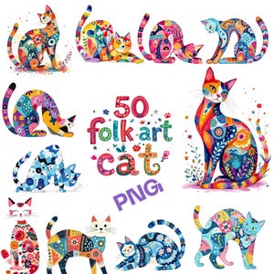 Può includere: Una collezione di illustrazioni di gatti colorati in stile folk art. Ogni gatto presenta intricati motivi floreali e geometrici in varie pose. L'immagine include il testo "50 folk art cat PNG".
