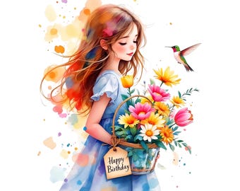 May include: Watercolor illustration of a girl in a blue dress holding a basket of colorful flowers. A hummingbird flies nearby. The basket has a tag that says "Happy Birthday". The girl has long brown hair with colorful highlights.