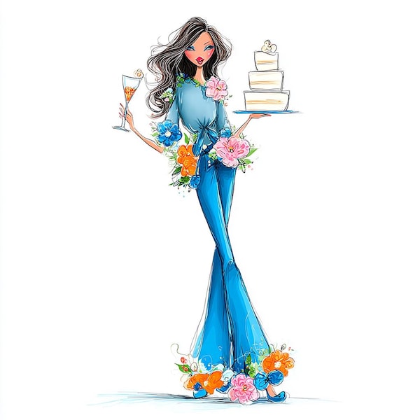 15 cliparts aquarelle Cake Girl (PNG) : art de la mode d'anniversaire élégant pour faire-parts et carnets indésirables