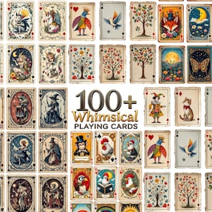 May include: A set of 100+ whimsical playing cards featuring a variety of illustrations, including animals, plants, and fantasy creatures. The cards are designed with a vintage aesthetic and have a worn, aged look.