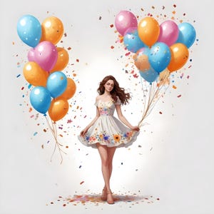 Clipart di eleganti ragazze di compleanno, 9 JPG di feste ad acquerello con palloncini, decorazioni per feste, download digitale per lavoretti per feste, stampe artigianali